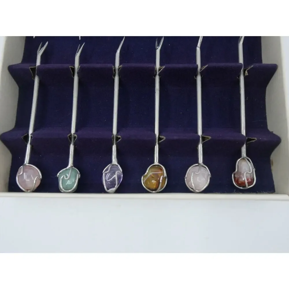 Vintage Barasch Sylmar Set of 12 Gem Stone Appetizer Picks Barware With Box